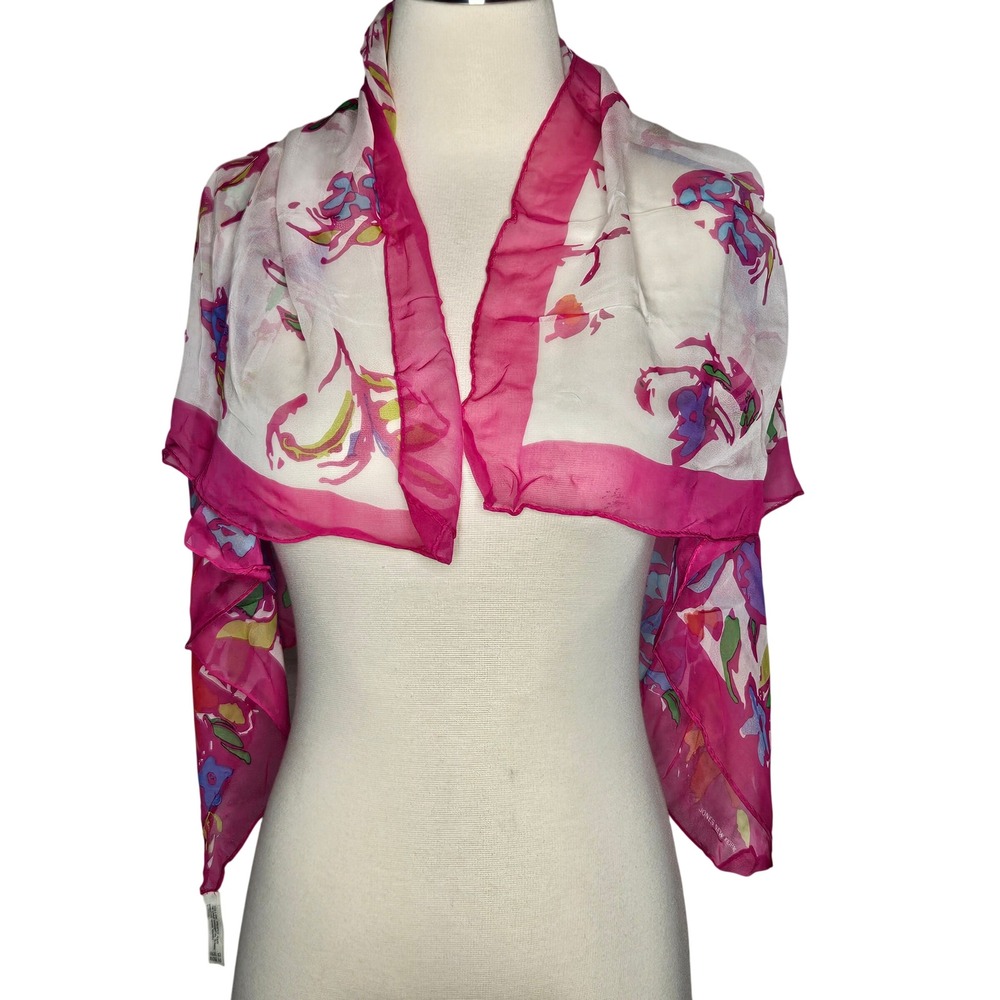 Jones New‎ York Silk Scarf 35x35 Fuchsia Pink Floral Watercolor Japan Wrap